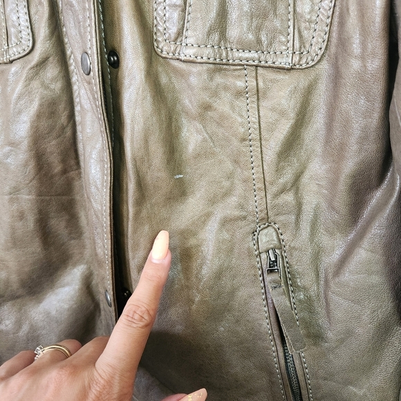 Vintage Leather Jacket Green Aviator Shearling Collar Cuffs 1990s Womens Medium - Picture 12 of 16